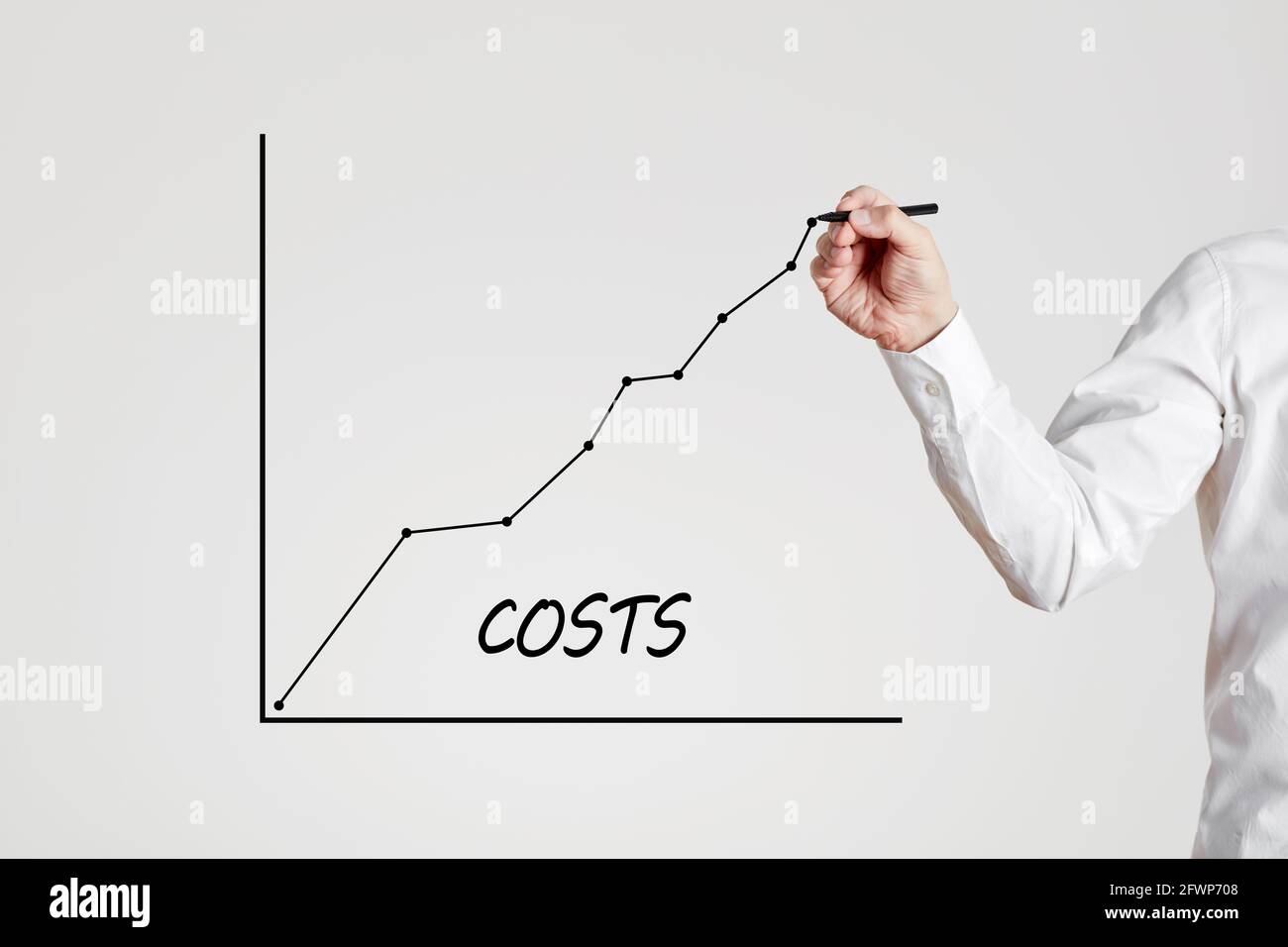 Businessman hand draws a rising line graph with the word costs on gray background. Increasing business costs. Stock Photo