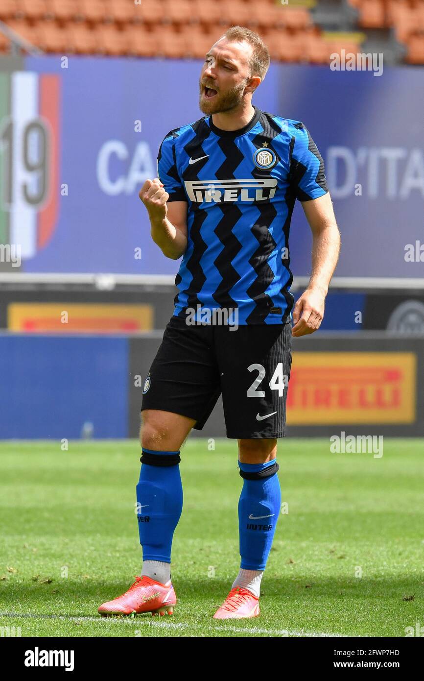 Christian Eriksen of FC Internazionale celebrates after scoring during the Serie A match between FC Internazionale and Udinese Calcio at Giuseppe Meaz Stock Photo