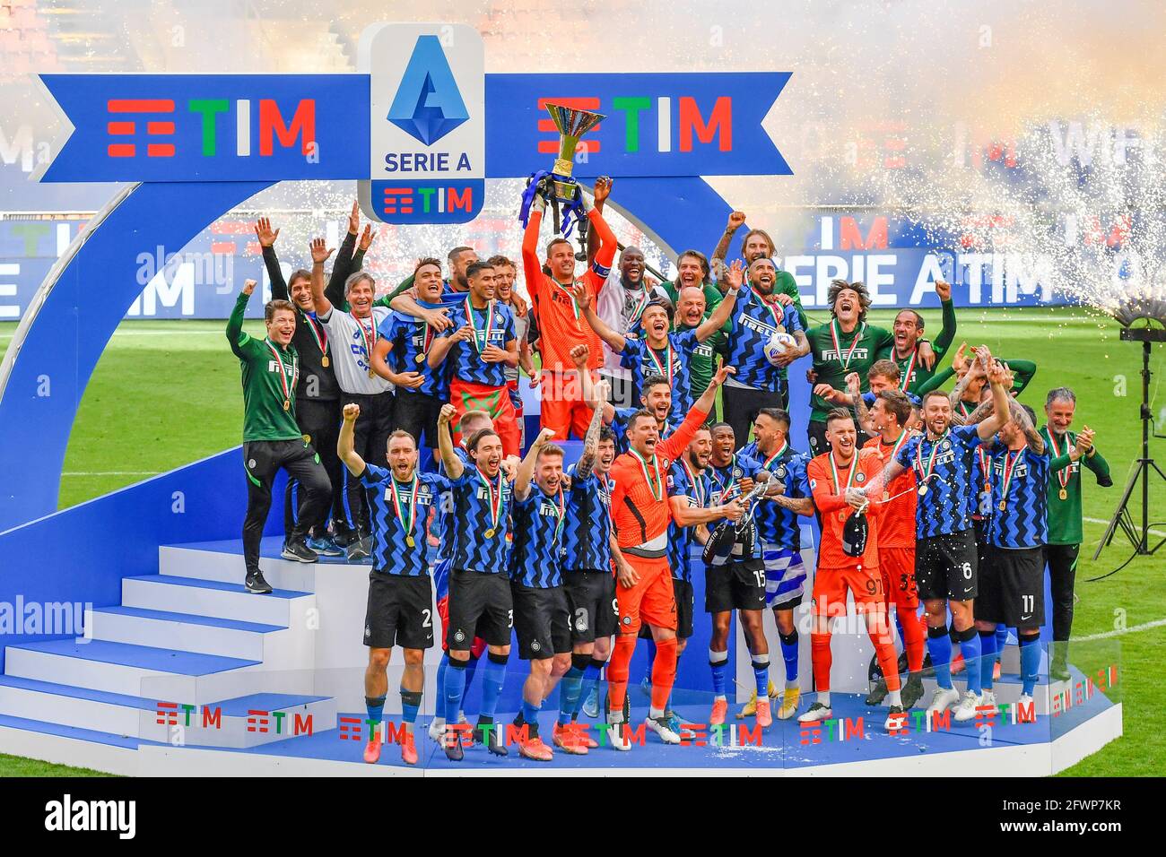 Samir Handanovic of FC Internazionale lifts the Serie A Trophy whilst his team mates celebrate after the match between FC Internazionale and Udinese C Stock Photo