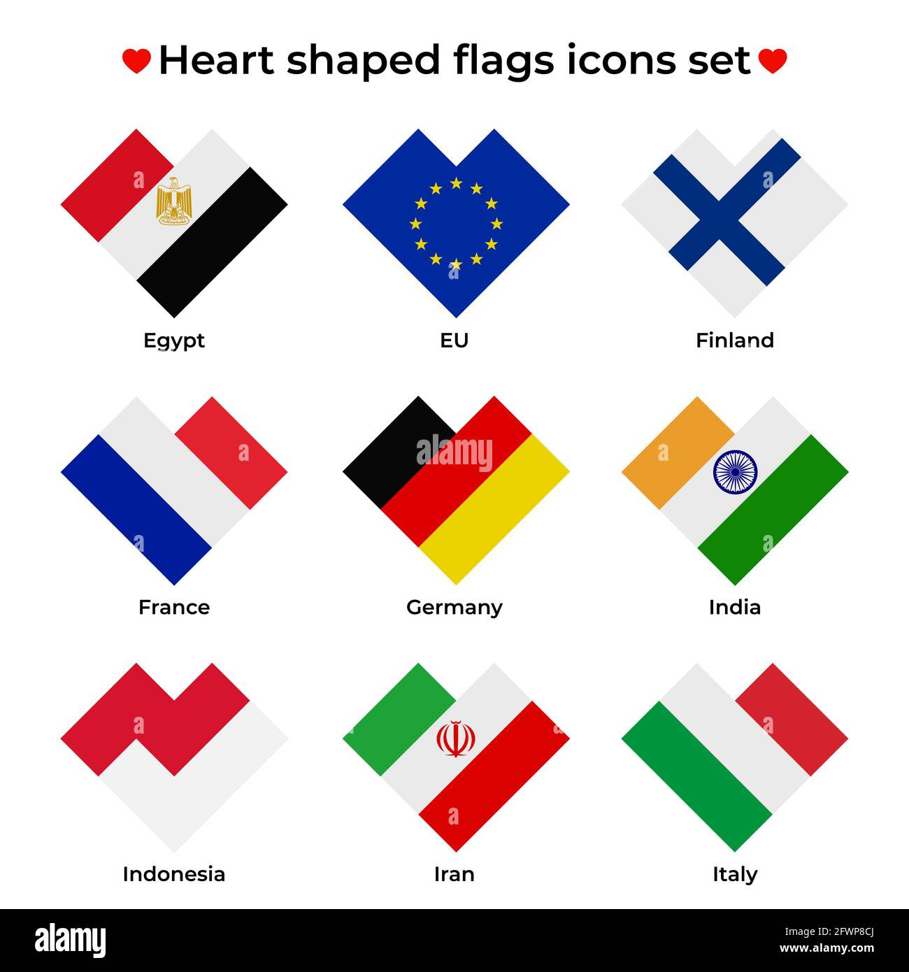 Heart shaped flags icons set. Flag icon in simple rectangular heart shape. Vector icon, symbol, button. Illustration in flat style Stock Vector