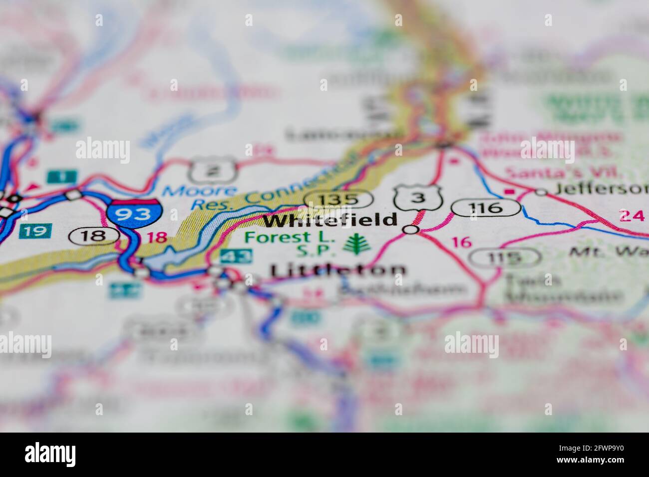 Whitefield New Hampshire USA shown on a Geography map or Road map Stock