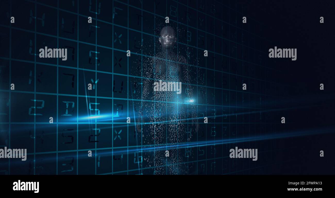 Composition of exploding human body formed with grey particles and data ...