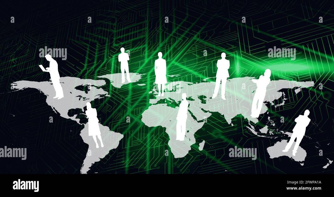 Composition of network of people connections with world map on circuit board Stock Photo