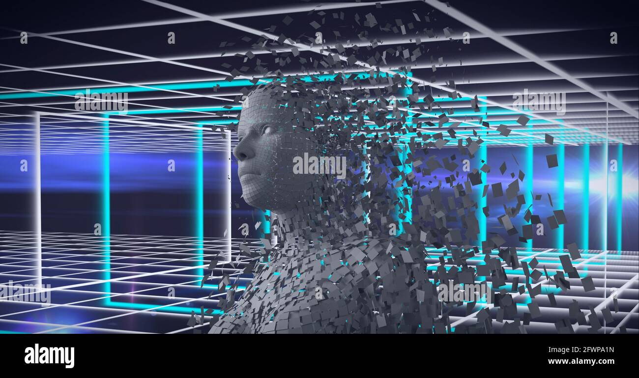 Composition of exploding human bust formed with grey particles and blue ...