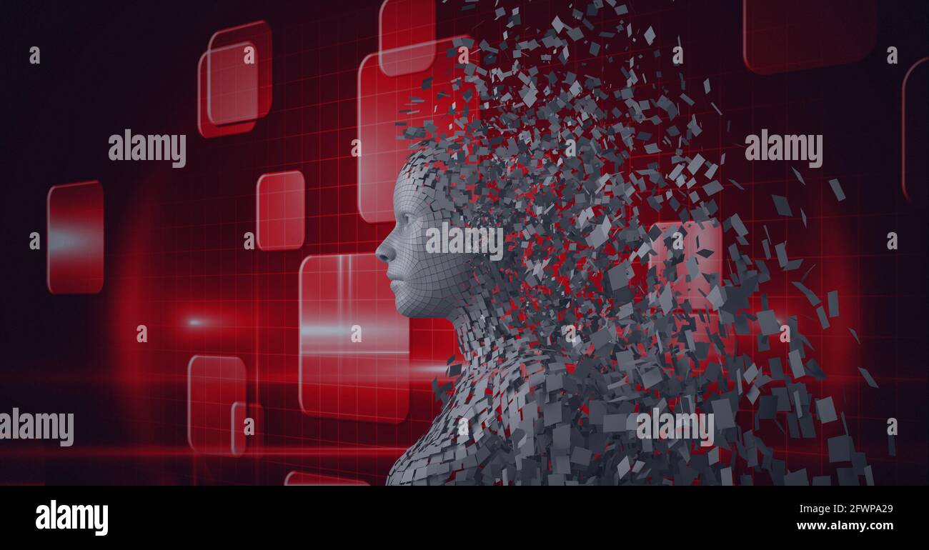 Composition of exploding human bust formed with grey particles and red ...