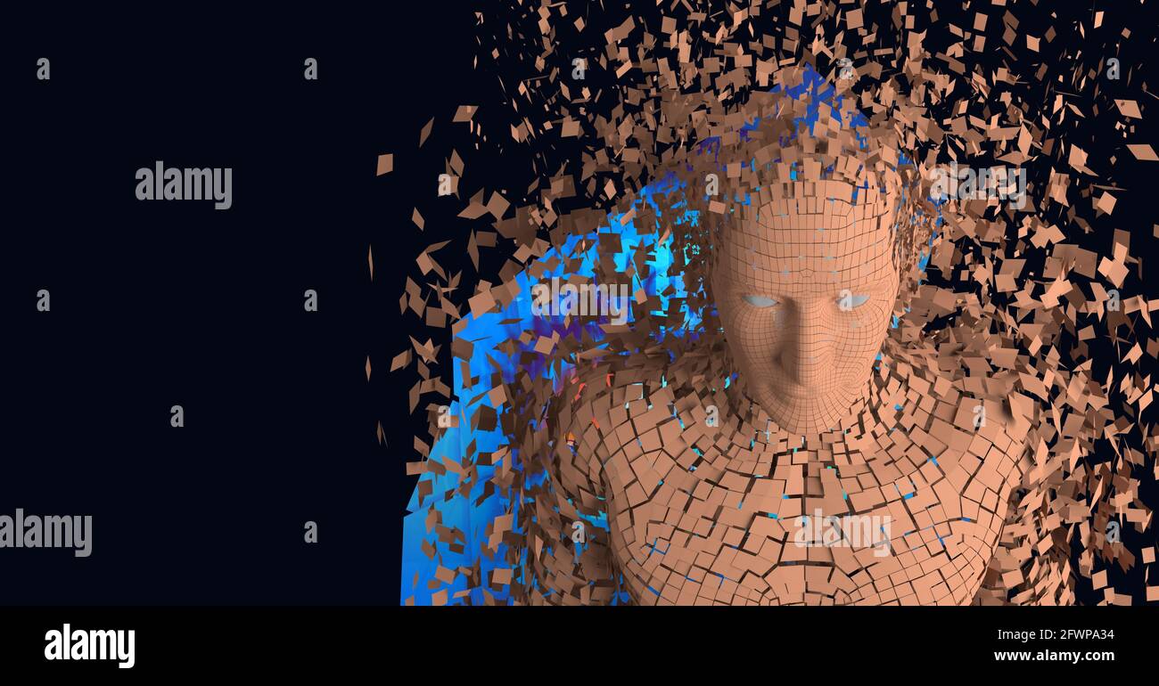 Composition of exploding human bust formed with orange particles and blue glowing screen Stock Photo