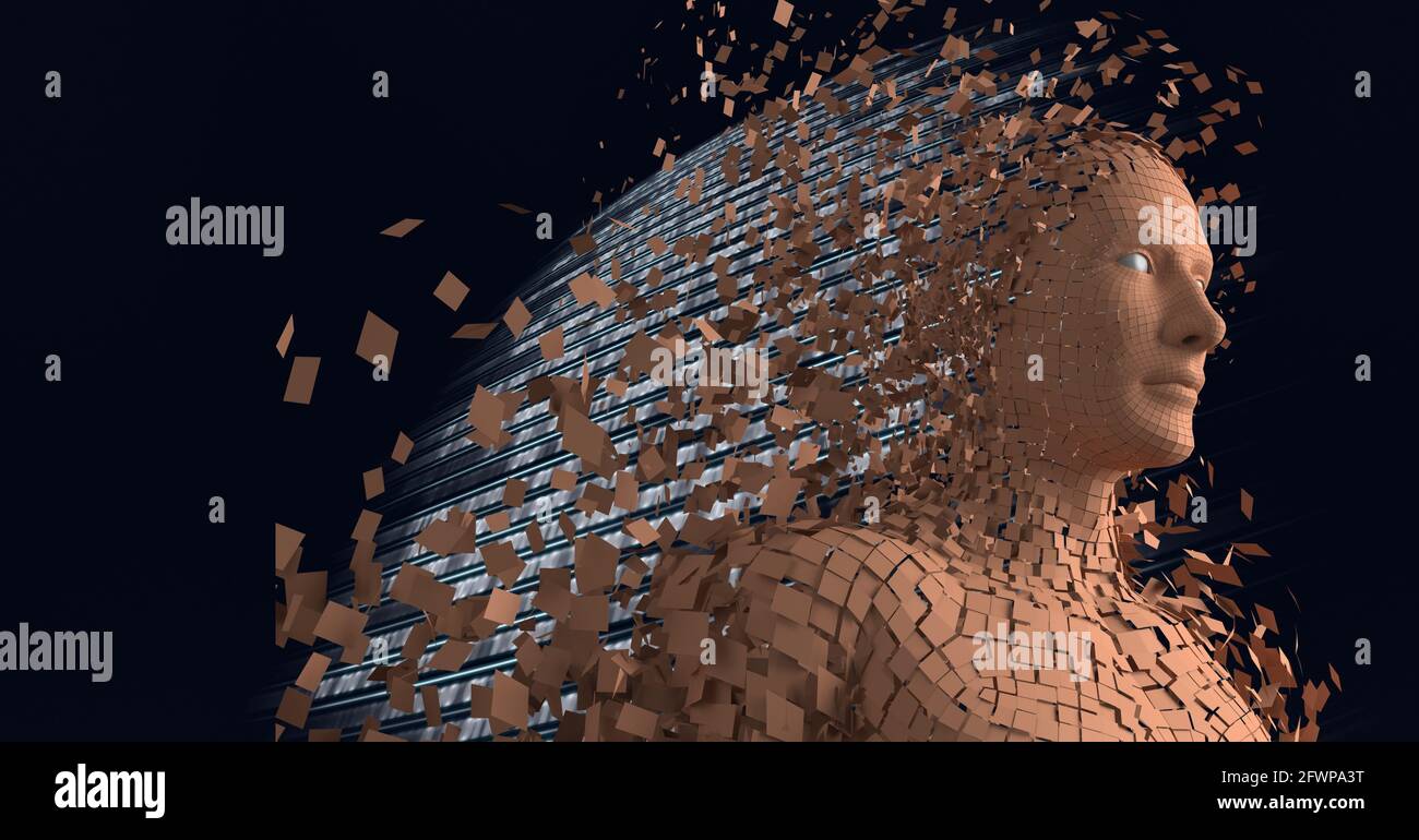 Composition of exploding human bust formed with orange particles and ...