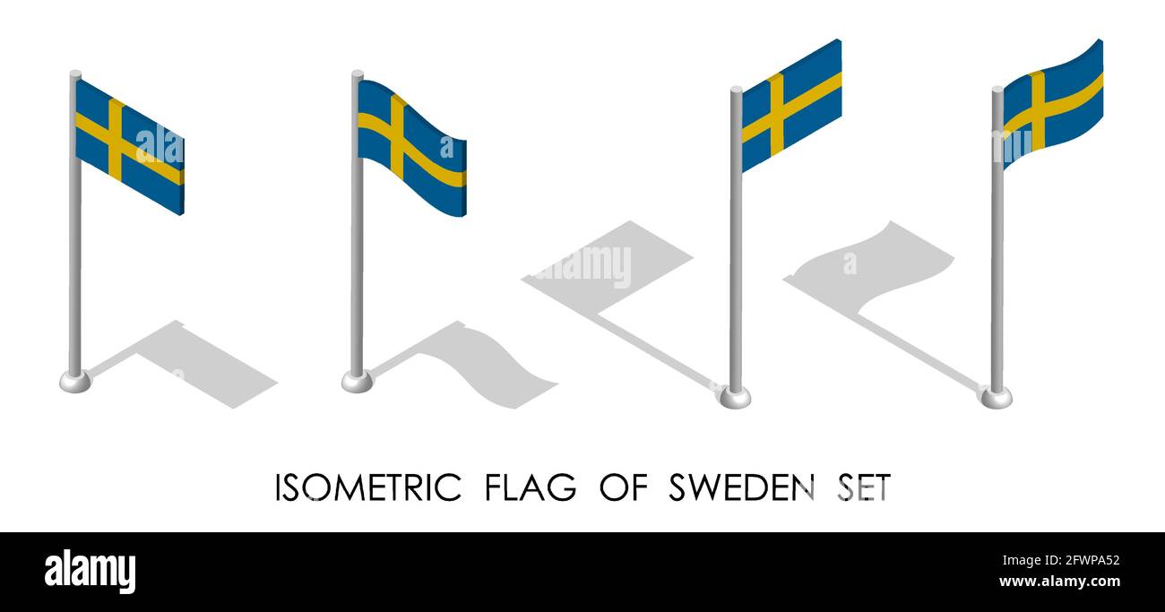 isometric Sweden flag in static position and in motion on flagpole. 3d vector Stock Vector