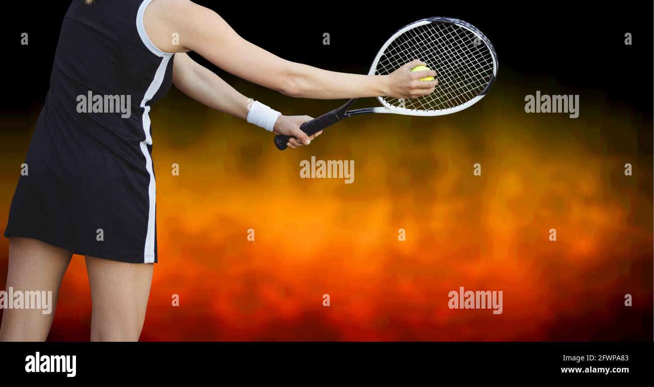 Composition of female tennis player with tennis racket and ball with