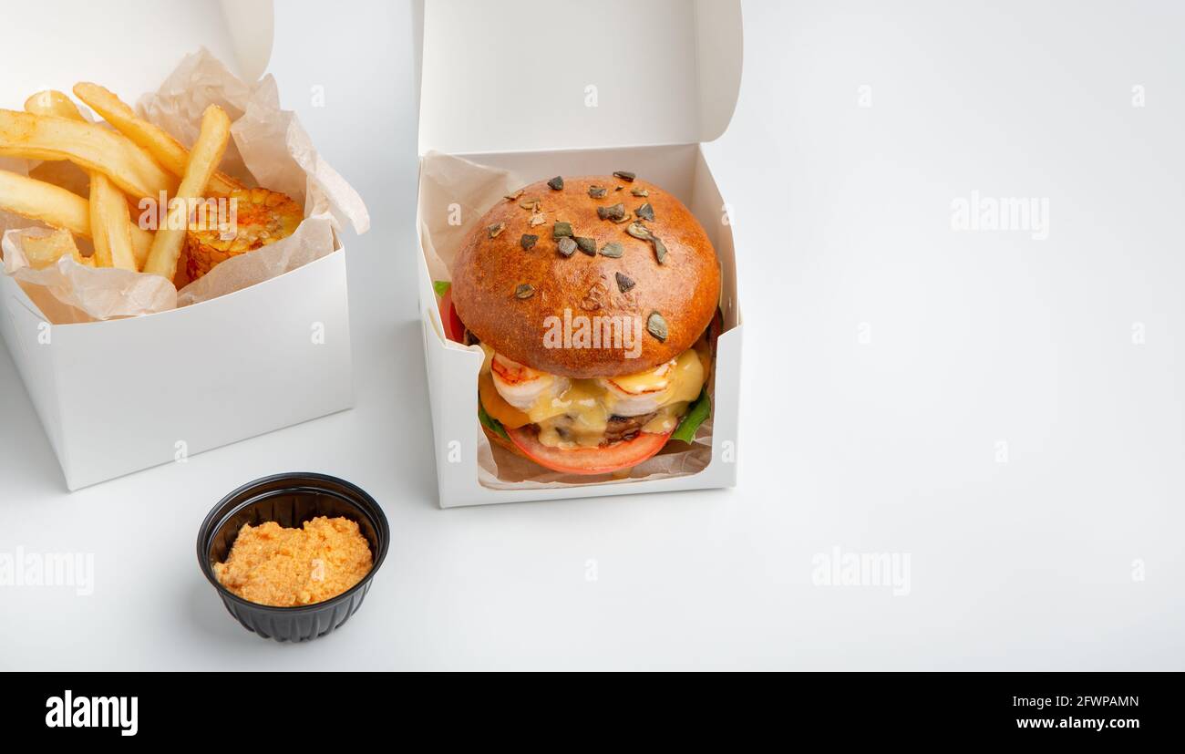 Delicious appetizing menu of modern fast food restaurant for home or ...