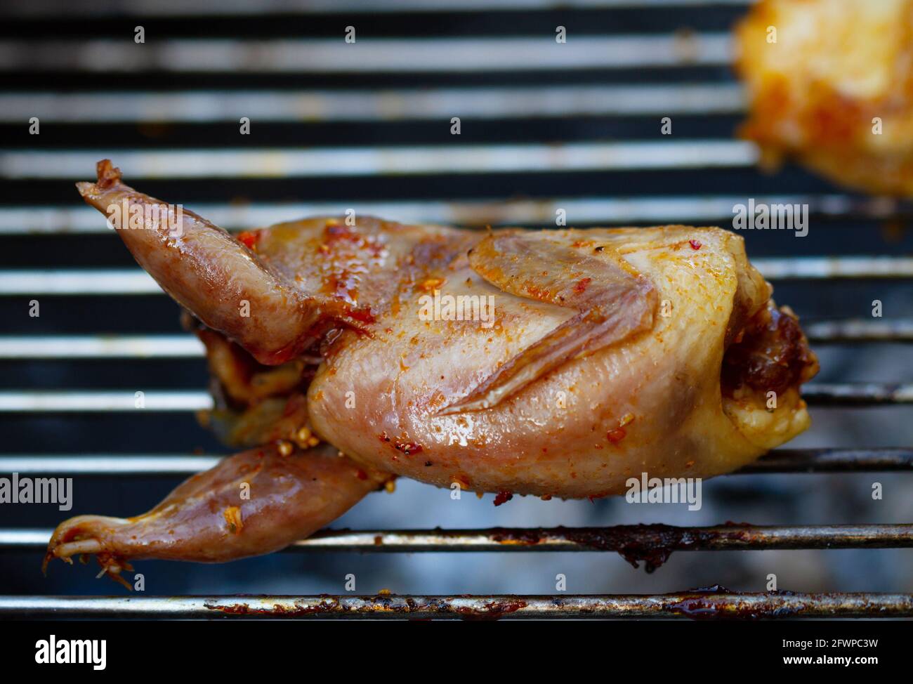 Preparation of marinated quail on the grill grate Stock Photo Alamy