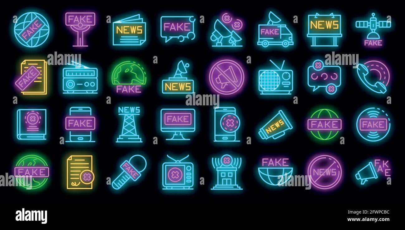 Fake news icons set. Outline set of fake news vector icons neon color
