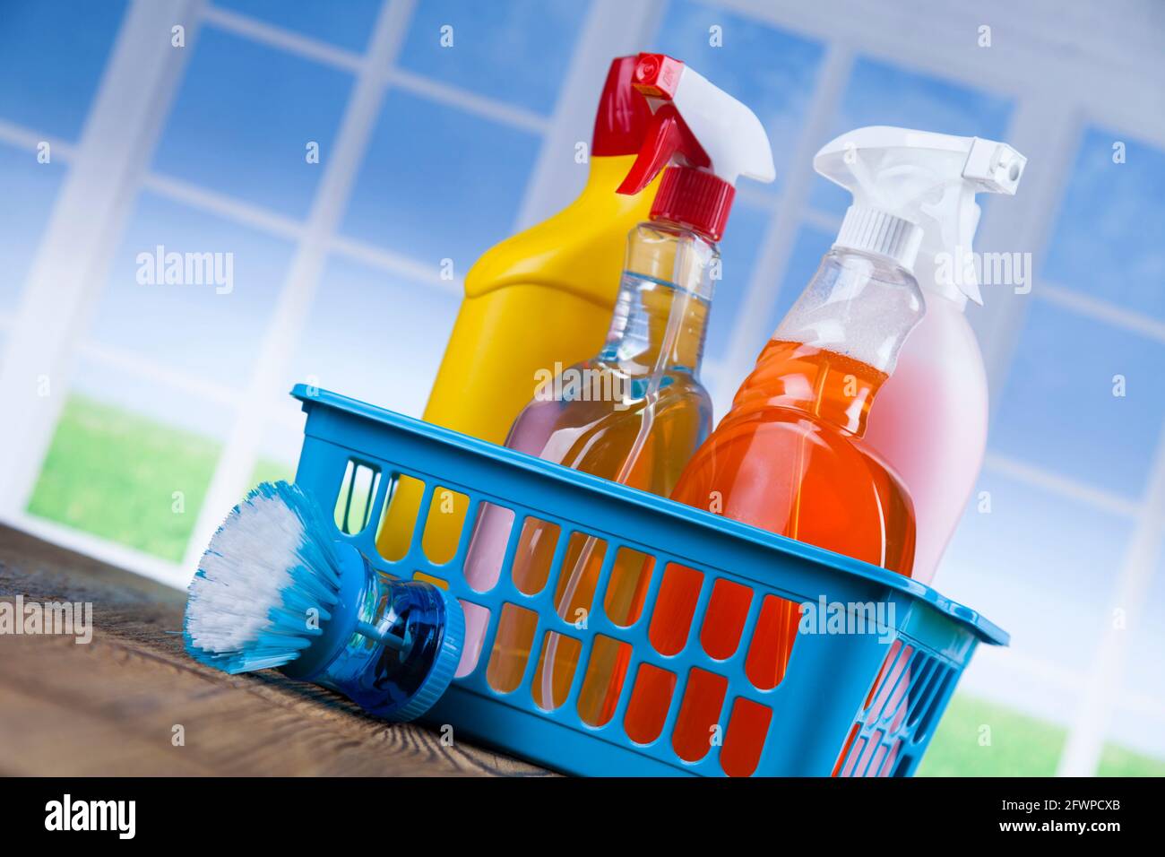 Cleaning Equipment and window background Stock Photo - Alamy