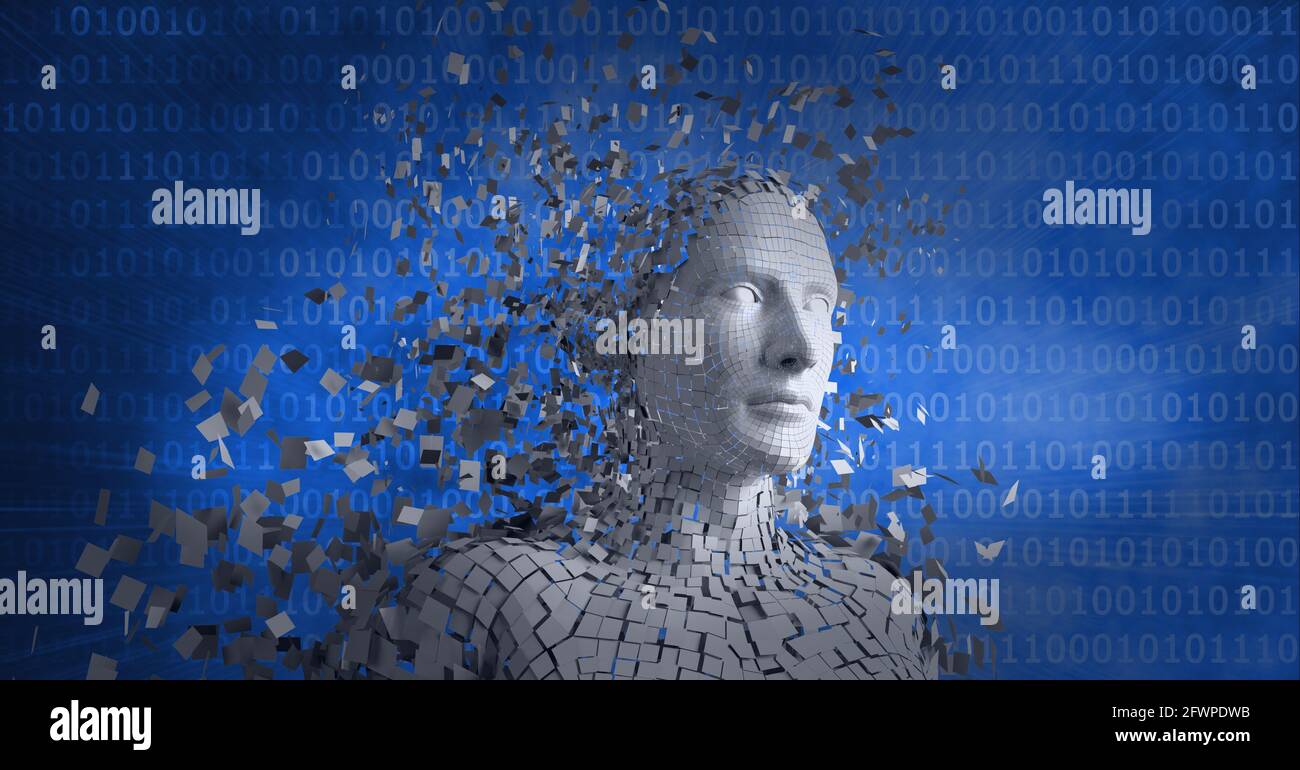 Composition of exploding human bust formed with particles over binary ...