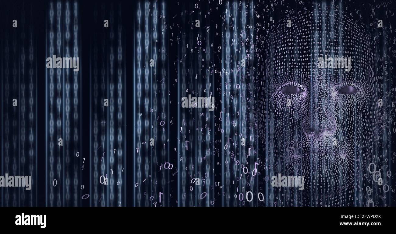 Composition of human face formed with binary coding on black background ...