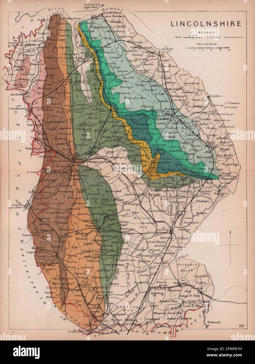 LINCOLNSHIRE antique geological county map by James Reynolds 1864 Stock Photo