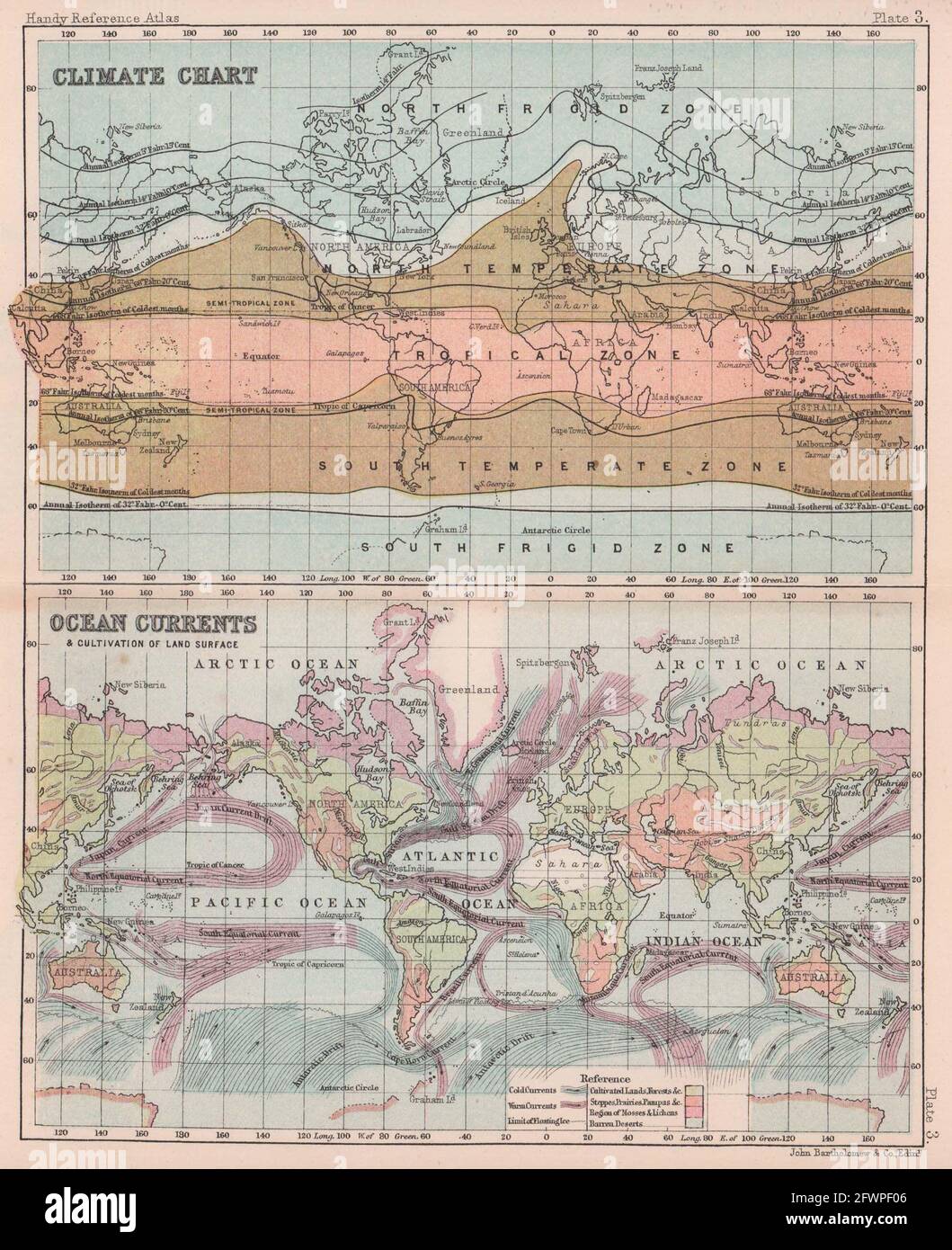 Climate Chart, Ocean Currents & Land cultivation. World. BARTHOLOMEW 1893 map Stock Photo