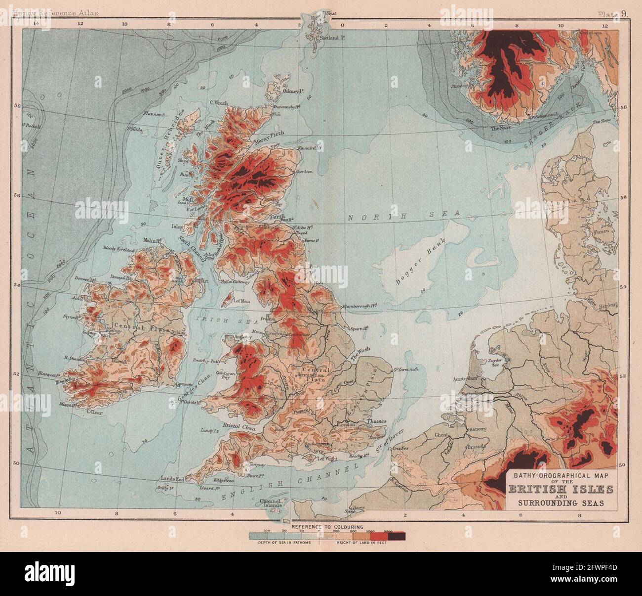 British Isles & Surrounding sea. Orographical. BARTHOLOMEW 1893 old map Stock Photo