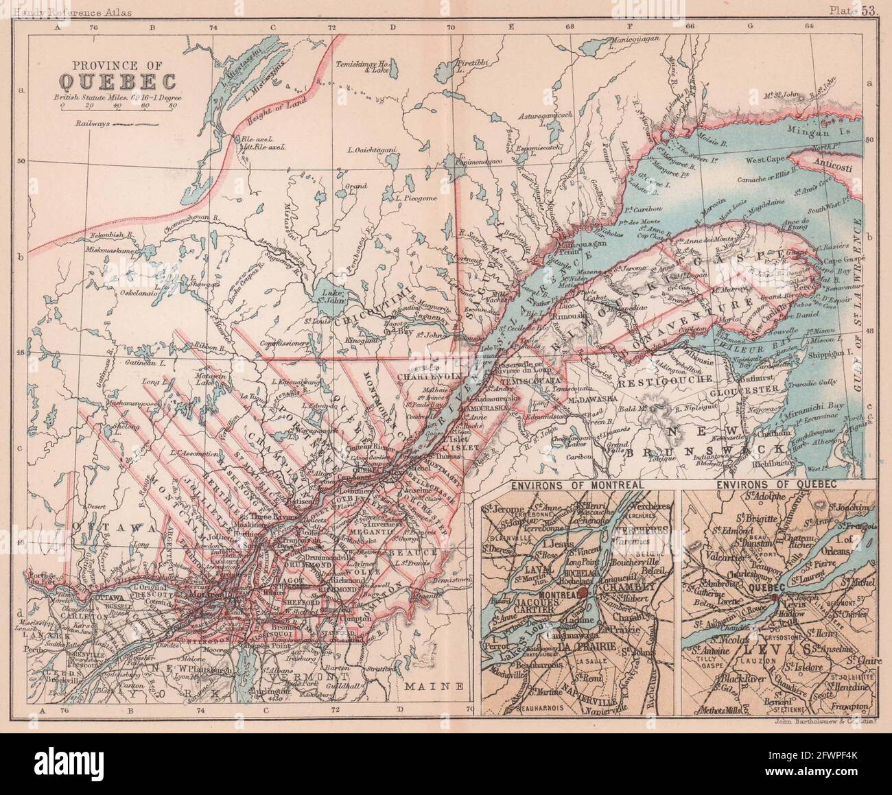 Quebec Province. Montreal & Quebec City environs. Canada. BARTHOLOMEW 1893 map Stock Photo