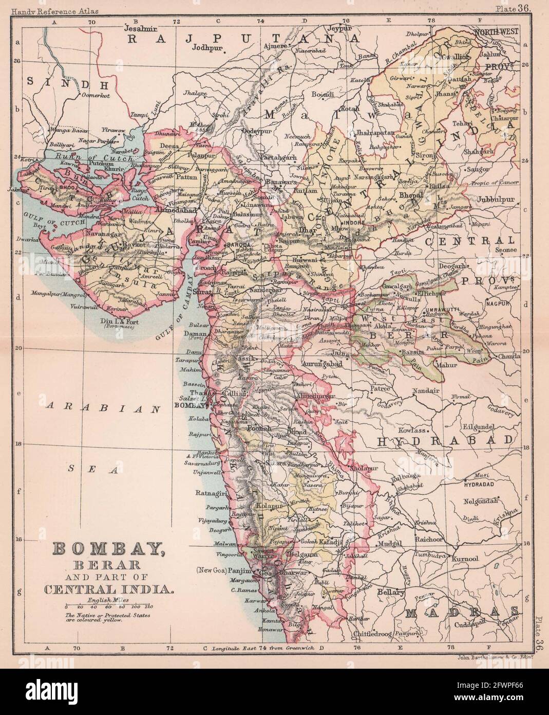 British India West. Bombay, Berar & part of Central India. BARTHOLOMEW 1893 map Stock Photo