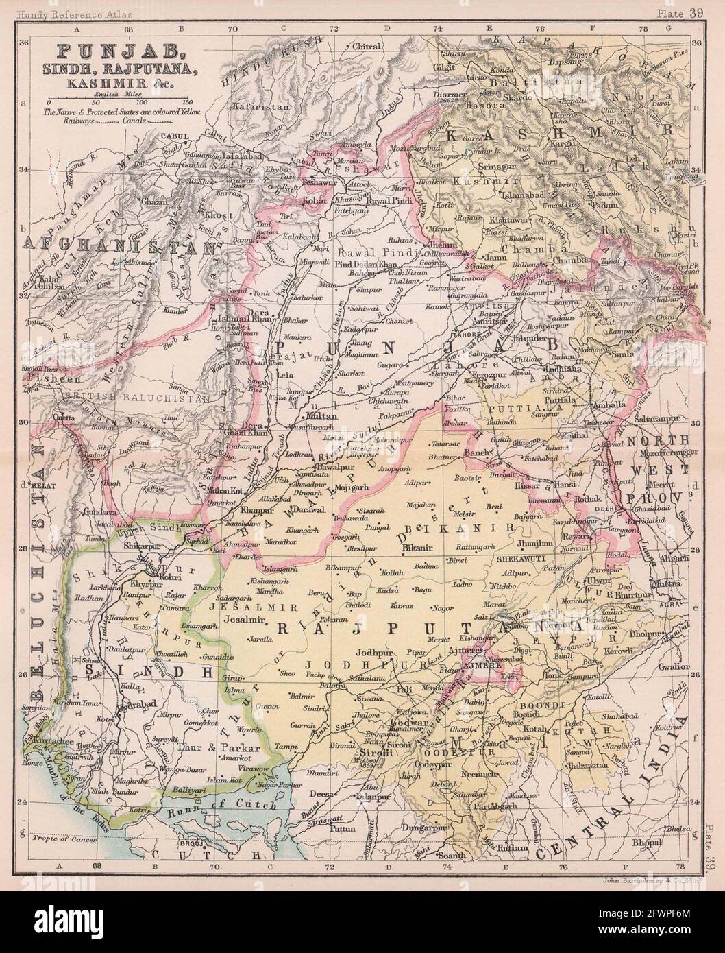 British India NW. Punjab Sindh Rajputana Kashmir Pakistan. BARTHOLOMEW 1893 map Stock Photo