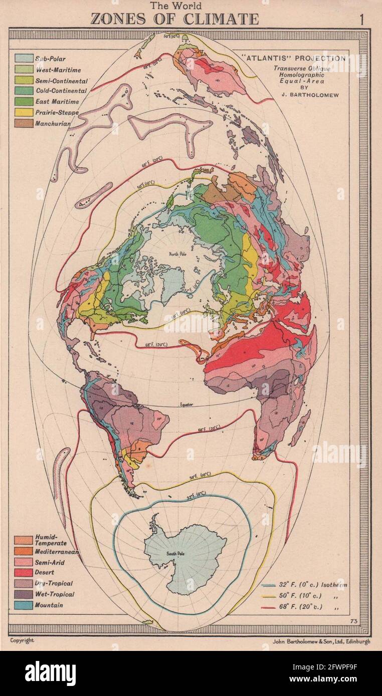 World - Zones of Climate. Atlantis projection. BARTHOLOMEW 1949 old map Stock Photo