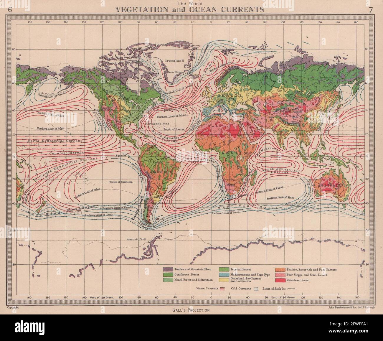 World - Vegetation & Ocean Currents. BARTHOLOMEW 1949 old vintage map chart Stock Photo