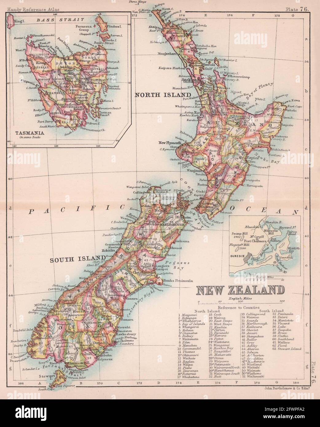 New Zealand & Tasmania. BARTHOLOMEW 1893 old antique vintage map plan chart Stock Photo