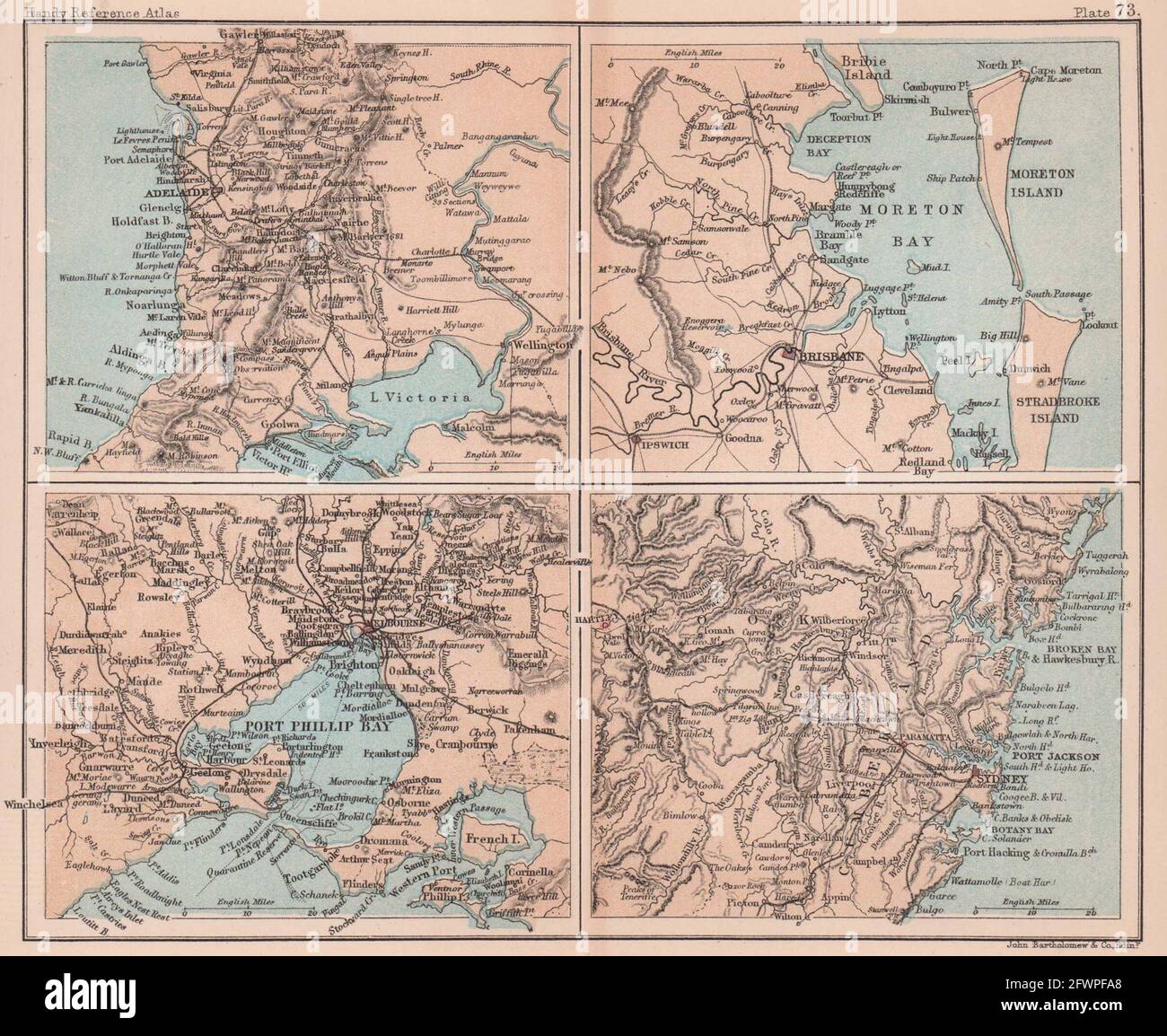Adelaide, Brisbane, Melbourne & Sydney. Australian cities. BARTHOLOMEW 1893 map Stock Photo