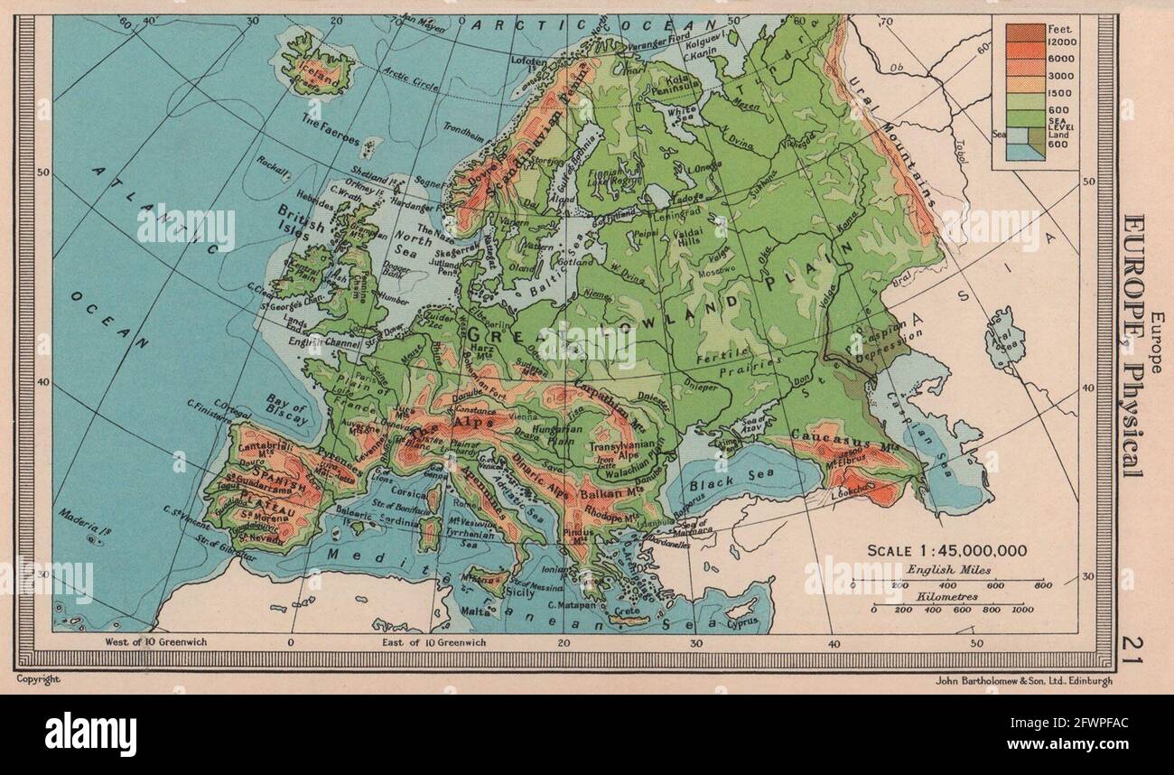 Physical Map Of Europe Rivers And Mountains Europe Physical Mountains Rivers Bartholomew 1949 Old Vintage Map Chart 2FWPFAC 