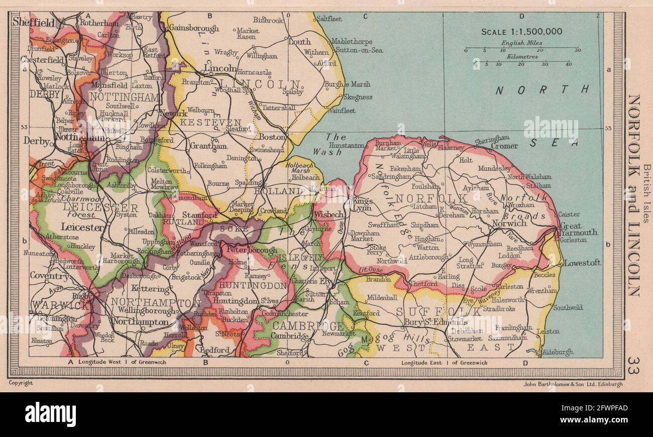 Eastern England. Norfolk Lincolnshire. East Midlands. BARTHOLOMEW 1949 old map Stock Photo