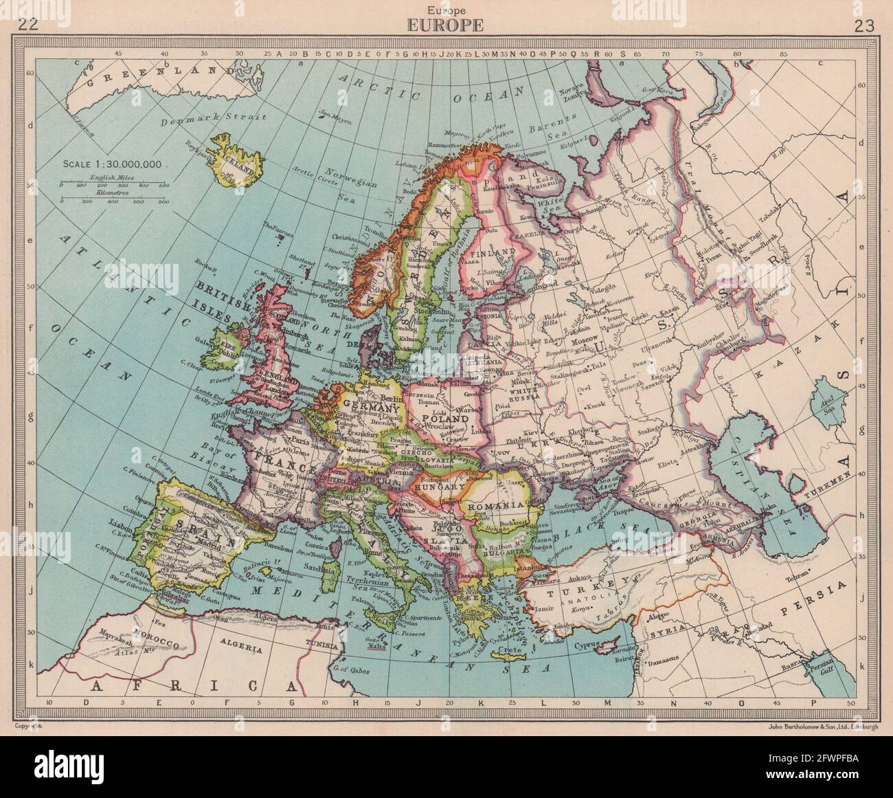 Europe. Political. Shows unified Germany. BARTHOLOMEW 1949 old vintage map Stock Photo