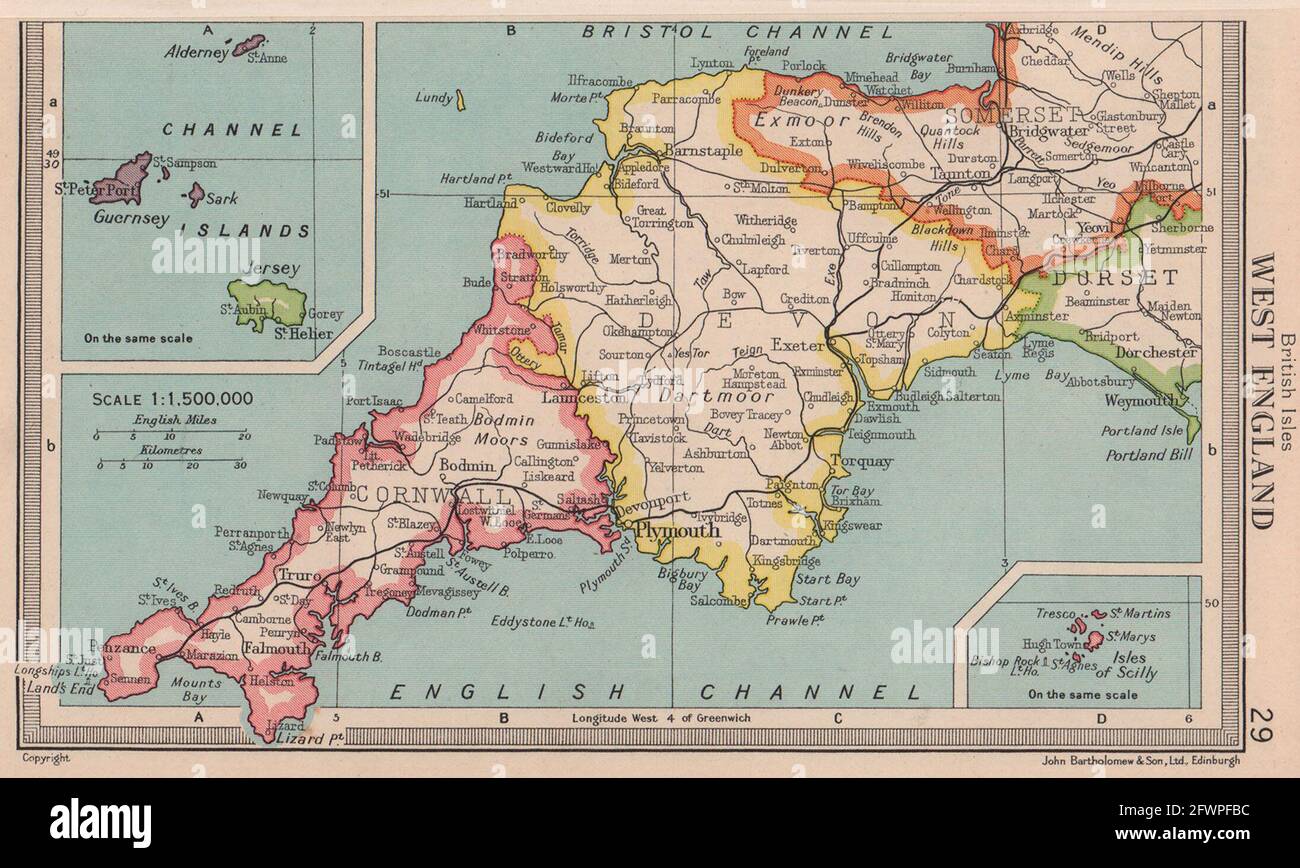 West of England. Devon & Cornwall. BARTHOLOMEW 1949 old vintage map plan chart Stock Photo