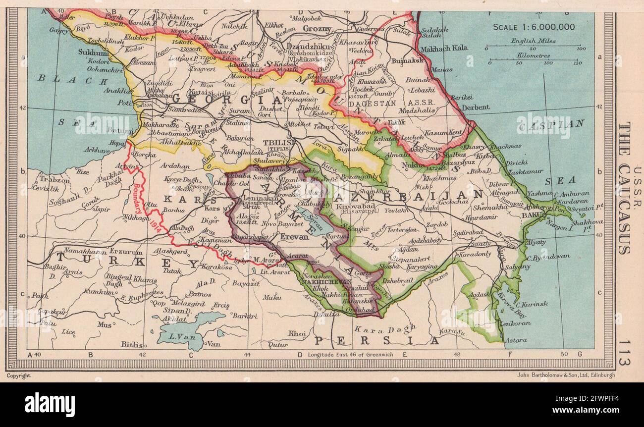 USSR Caucasus. Georgia Armenia Azerbaijan. 1914 border. BARTHOLOMEW 1949 map Stock Photo