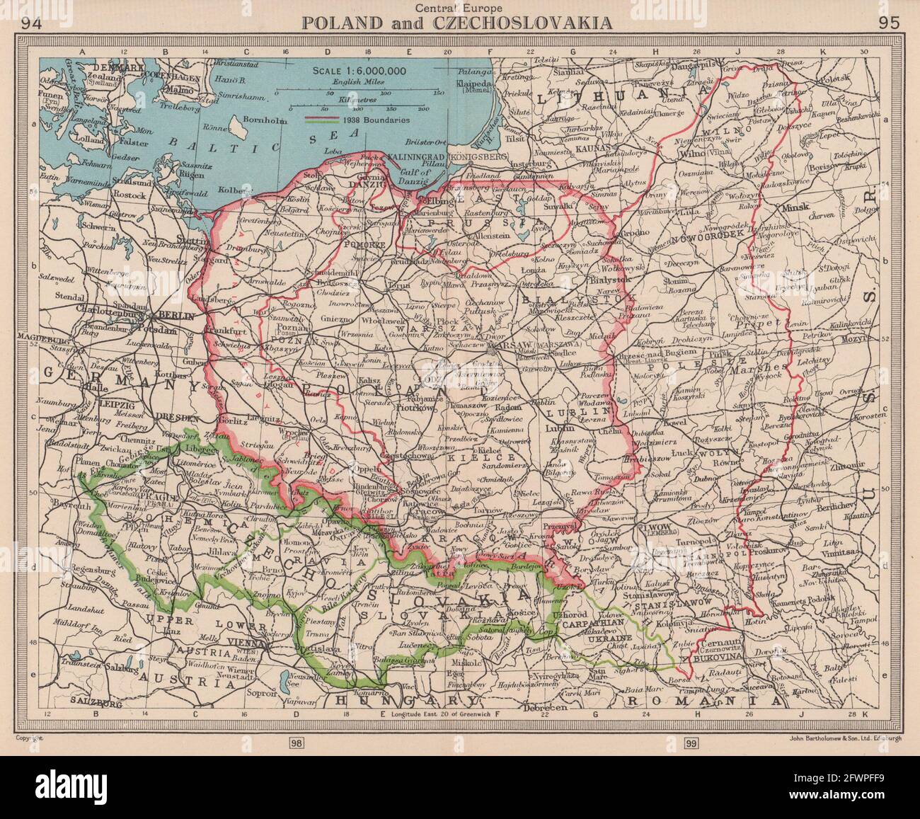 Poland & Czechoslovakia. Showing 1938 & 1945 borders. BARTHOLOMEW 1949 old map Stock Photo