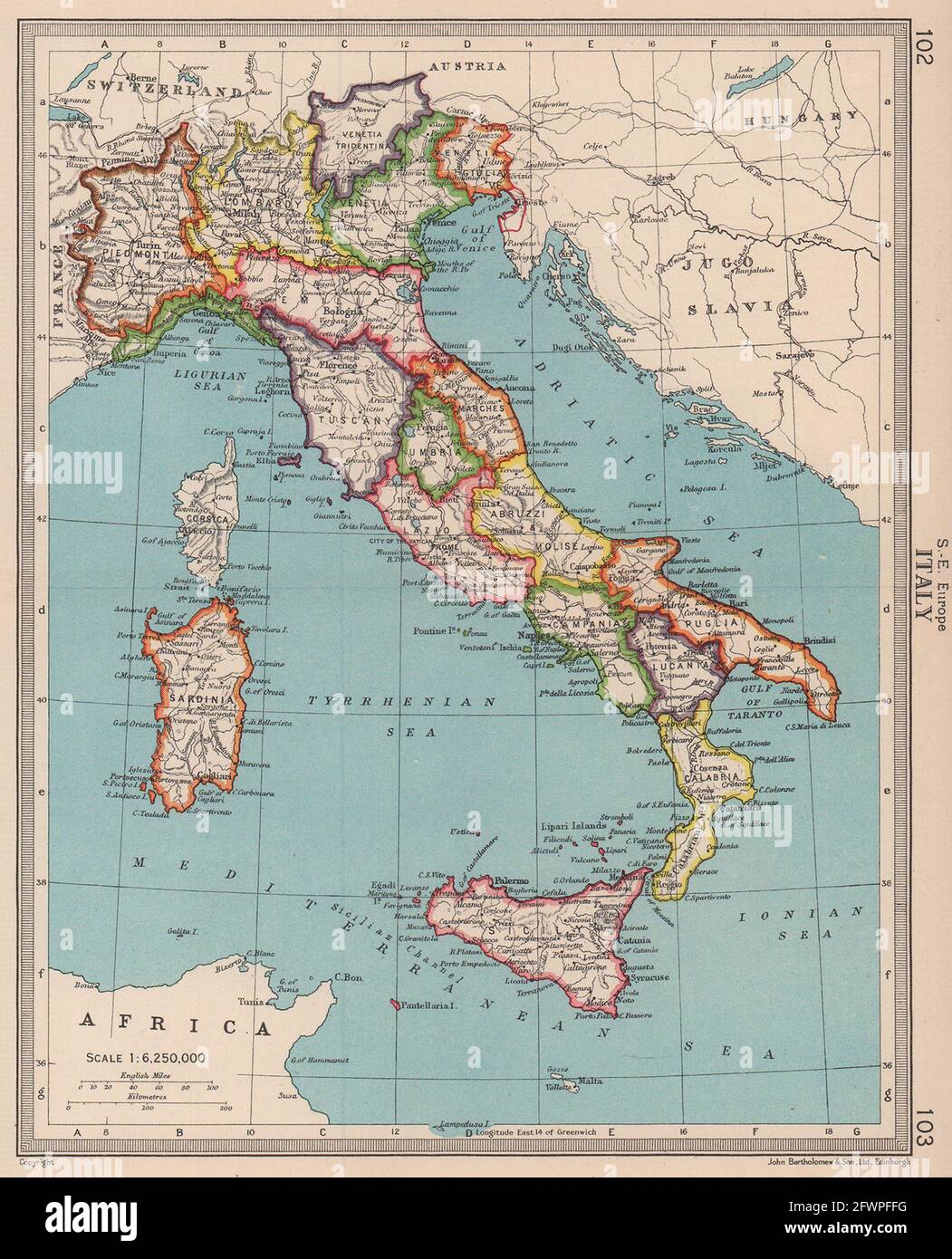 Italy in provinces. Shows Free Territory of Trieste. BARTHOLOMEW 1949 old map Stock Photo