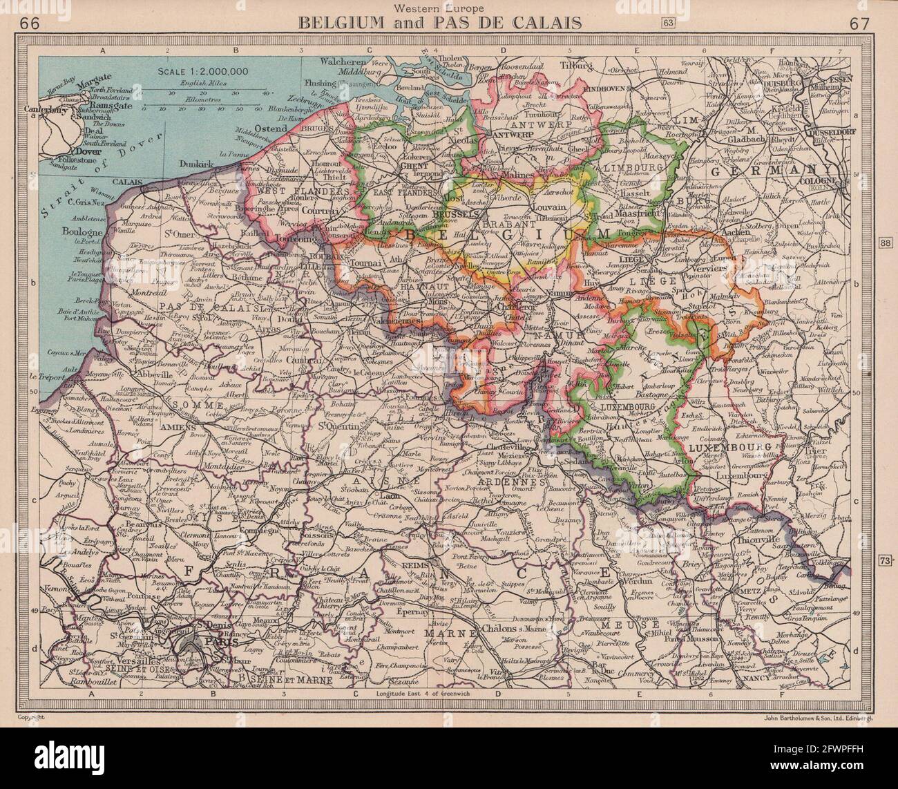 Belgium & North-east France. Hauts-de-France. BARTHOLOMEW 1949 old vintage map Stock Photo