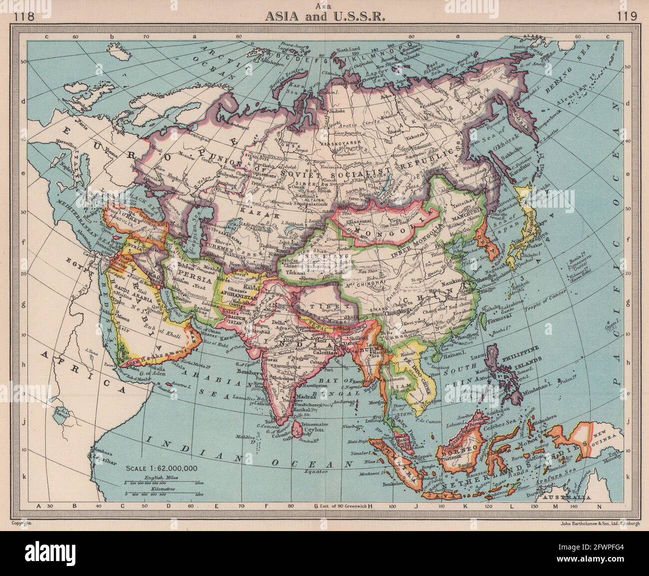Map Of Asia 1949 Asia & U.s.s.r. Independent Tibet. Newly Partitioned India. Bartholomew 1949  Map Stock Photo - Alamy
