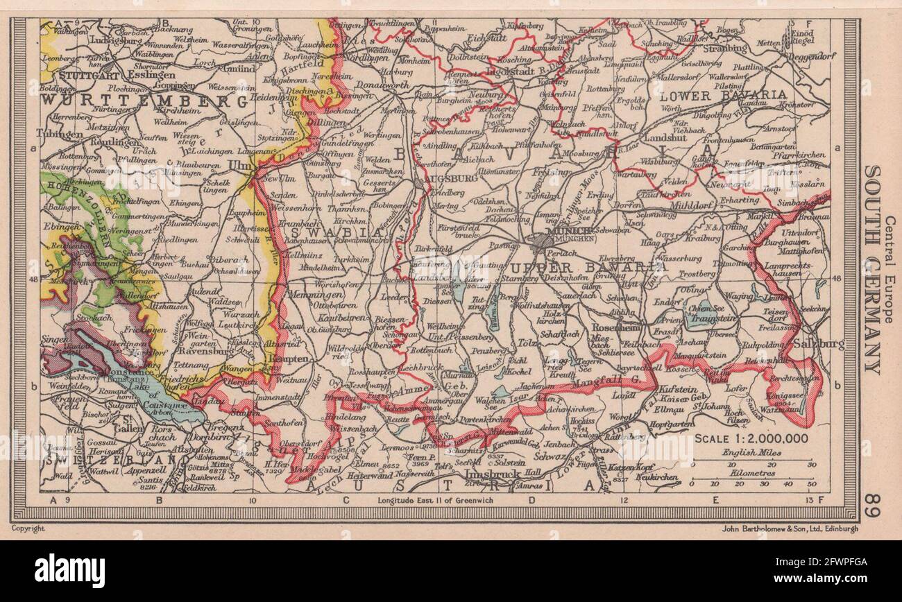 Southern Germany. Bavaria Swabia Wurttemberg. BARTHOLOMEW 1949 old vintage map Stock Photo