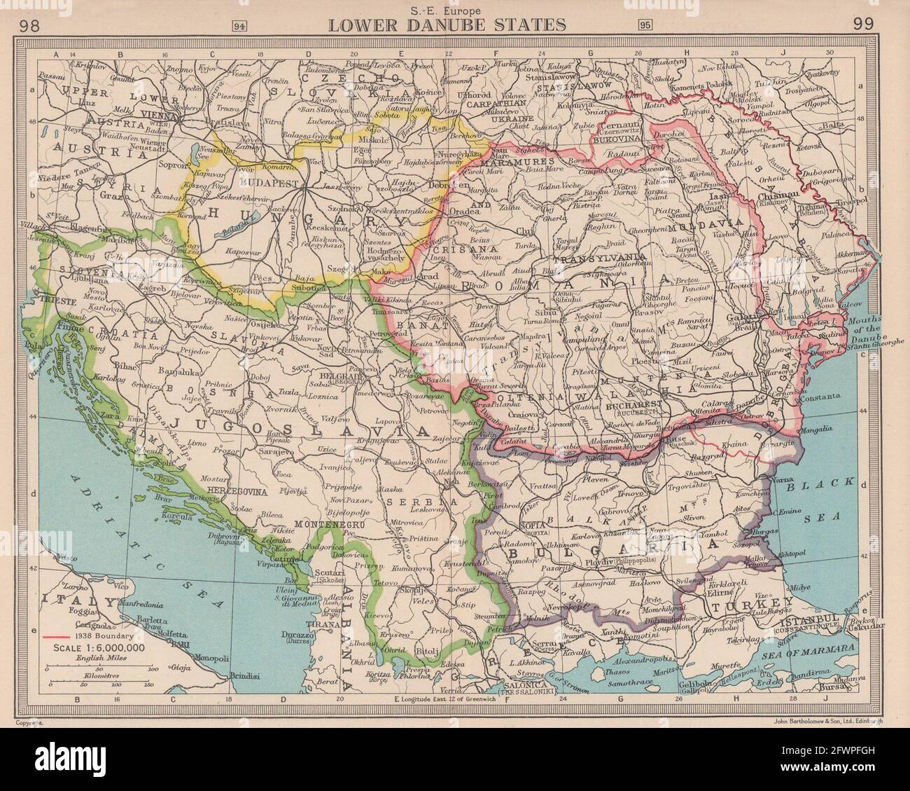 Balkans 1938 & 1945 borders. Romania Hungary Bulgaria Yugoslavia 1949 old map Stock Photo
