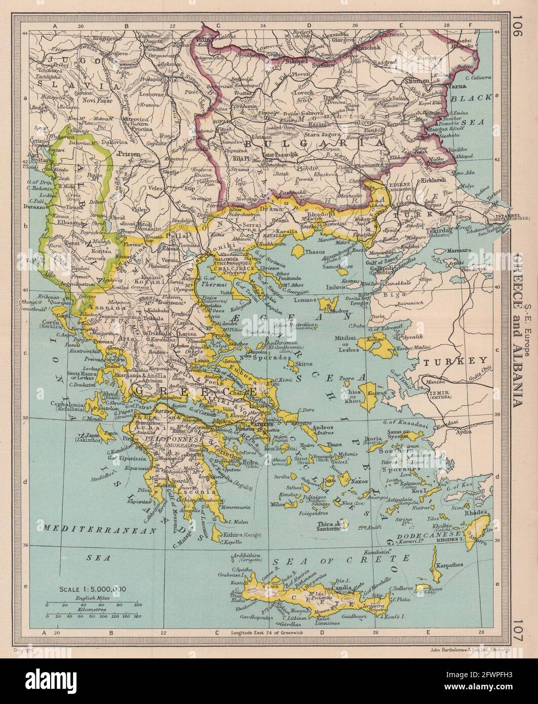 Greece and Albania. Balkans. Bulgaria. BARTHOLOMEW 1949 old vintage map chart Stock Photo