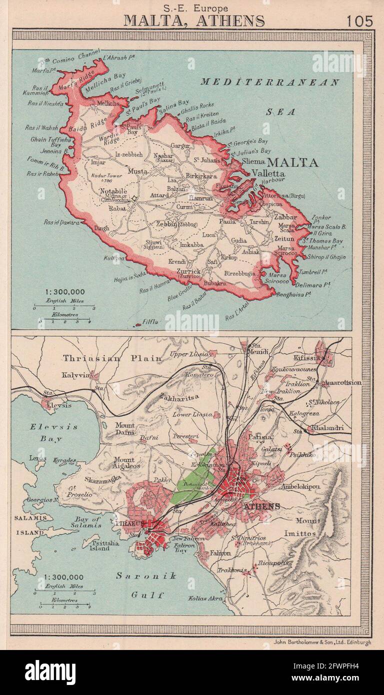 Malta & Athens/Piraeus environs plan. BARTHOLOMEW 1949 old vintage map chart Stock Photo