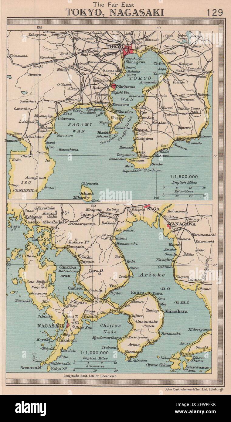 Environs of Tokyo & Nagasaki. Japan. BARTHOLOMEW 1949 old vintage map chart Stock Photo