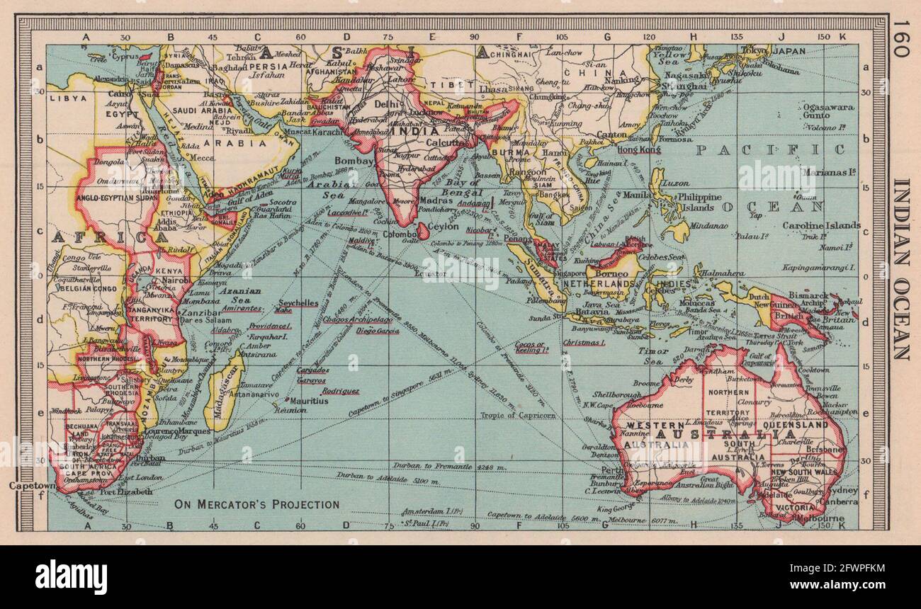 Indian Ocean. Trade routes. British Colonies. BARTHOLOMEW 1949 old vintage map Stock Photo