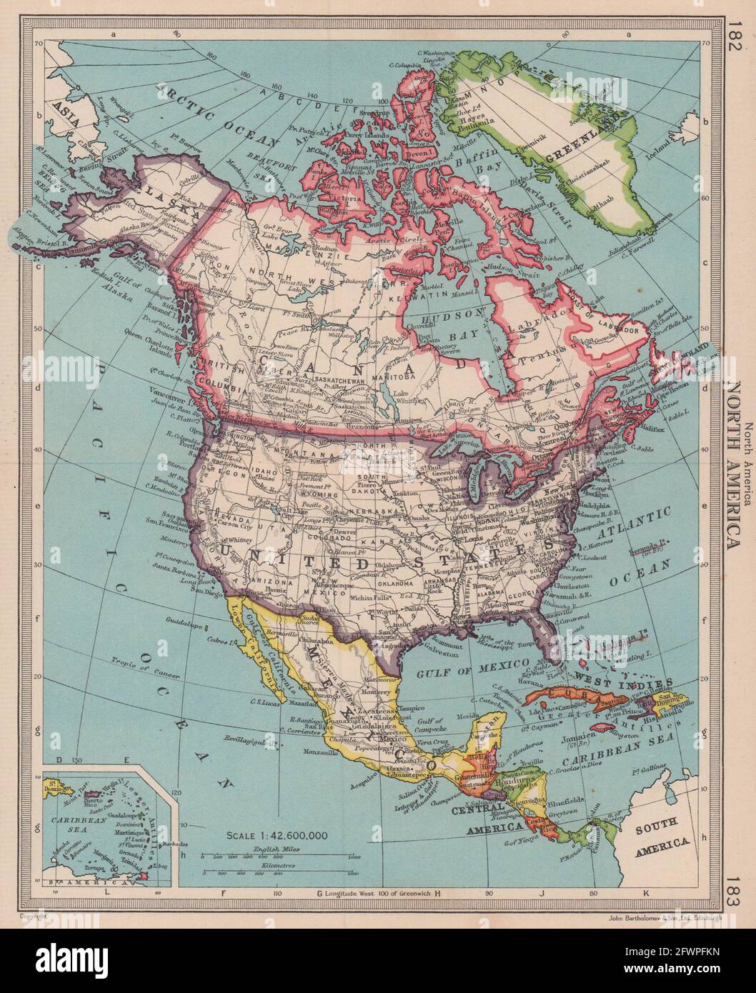 North America. USA United States Canada Mexico Greenland. BARTHOLOMEW 1949 map Stock Photo