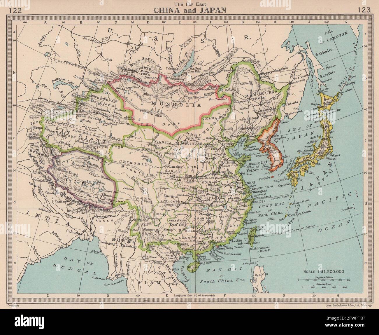 China and Japan. Independent Tibet before Chinese invasion. BARTHOLOMEW 1949 map Stock Photo