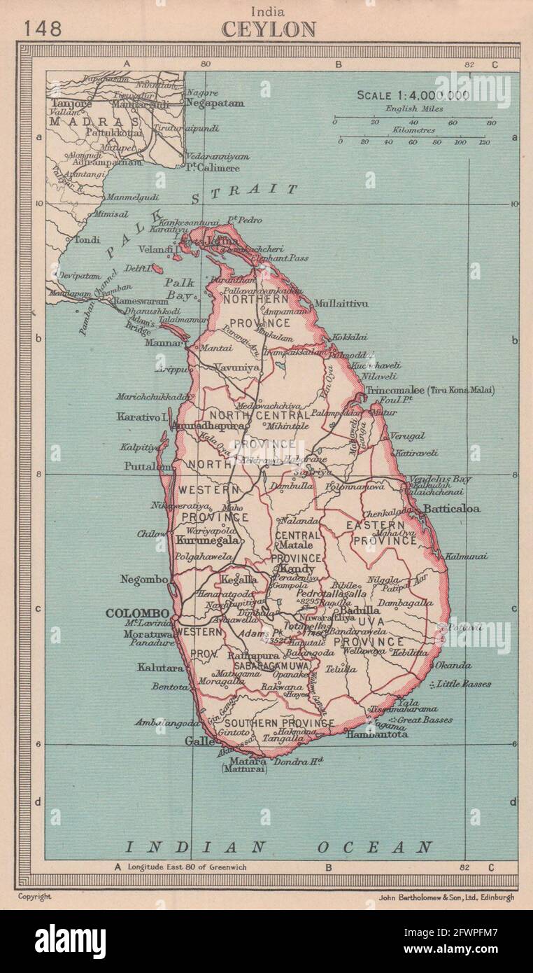 Sri Lanka. Ceylon. BARTHOLOMEW 1949 old vintage map plan chart Stock Photo