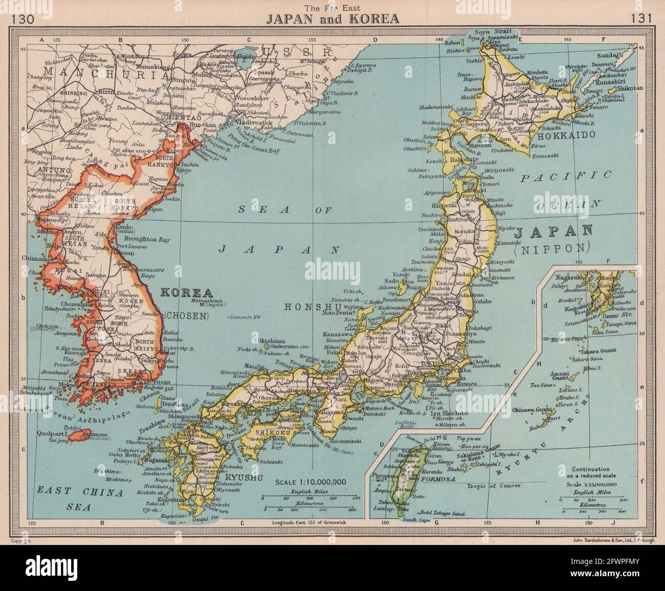 Japan & Korea. BARTHOLOMEW 1949 old vintage map plan chart Stock Photo