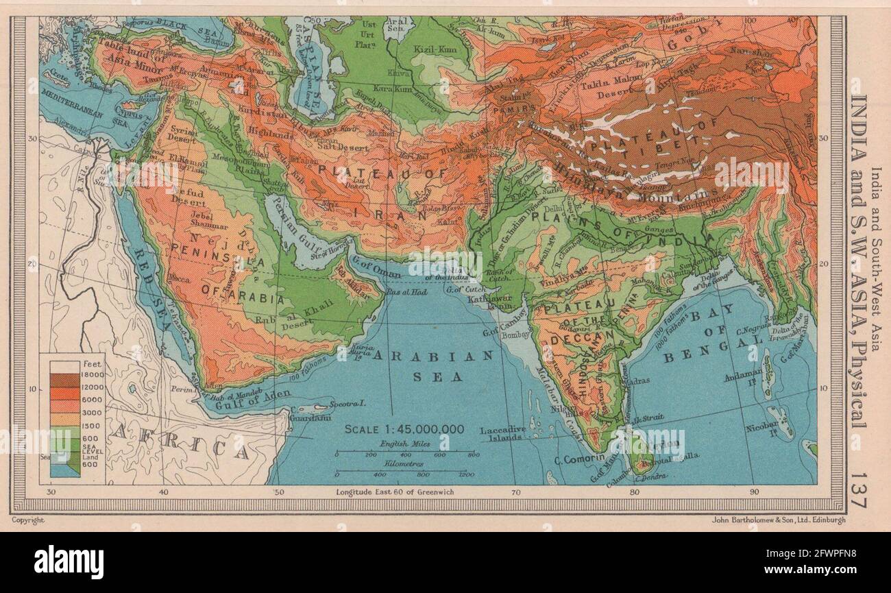 India and South West Asia - Physical. BARTHOLOMEW 1949 old vintage map chart Stock Photo