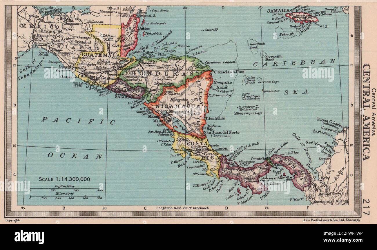 Honduras map hi res stock photography - Central America Honduras Panama Costa Rica Nicaragua Bartholomew 1949 Map 2FWPFWP